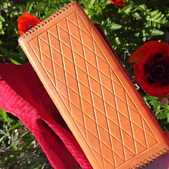 HAND TOOLED Cowhide Leather Purse with Melamine handle. VINTAGE Brown /Tan - Picture 10 of 17